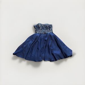 Strapless Blue Cocktail Dress with Gemstone Bodice Size 2 -Mini - A Line Dress
